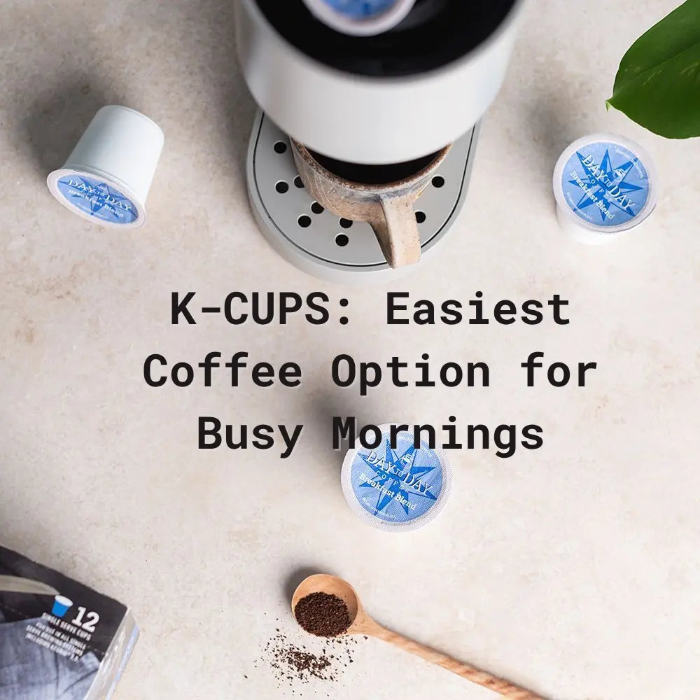 Flat lay image of a Keurig brewing setup with several Day to Day Coffee K-Cups, ground coffee in a wooden spoon, and the text “K-CUPS: Easiest Coffee Option for Busy Mornings” centered in the scene.