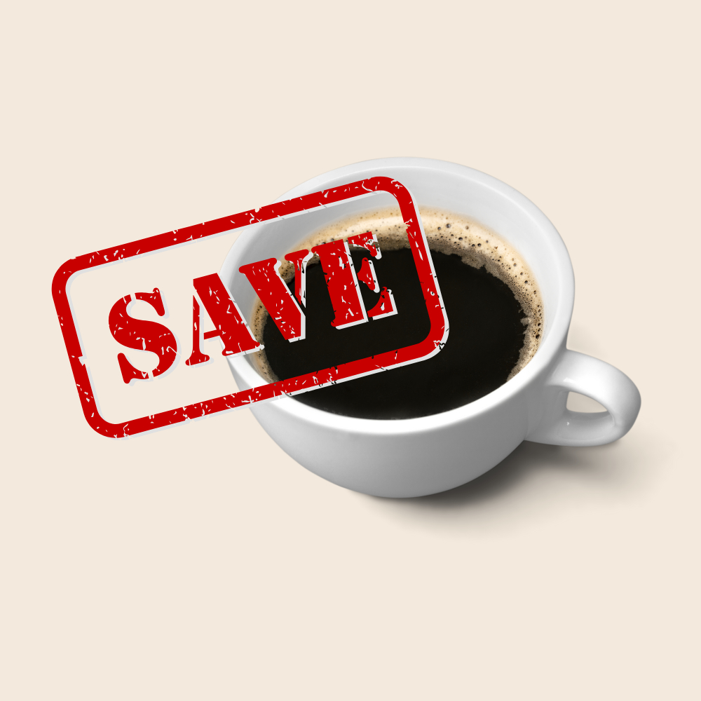 A white coffee cup filled with black coffee, overlaid with a red distressed stamp-style text that reads "SAVE" on a light beige background.