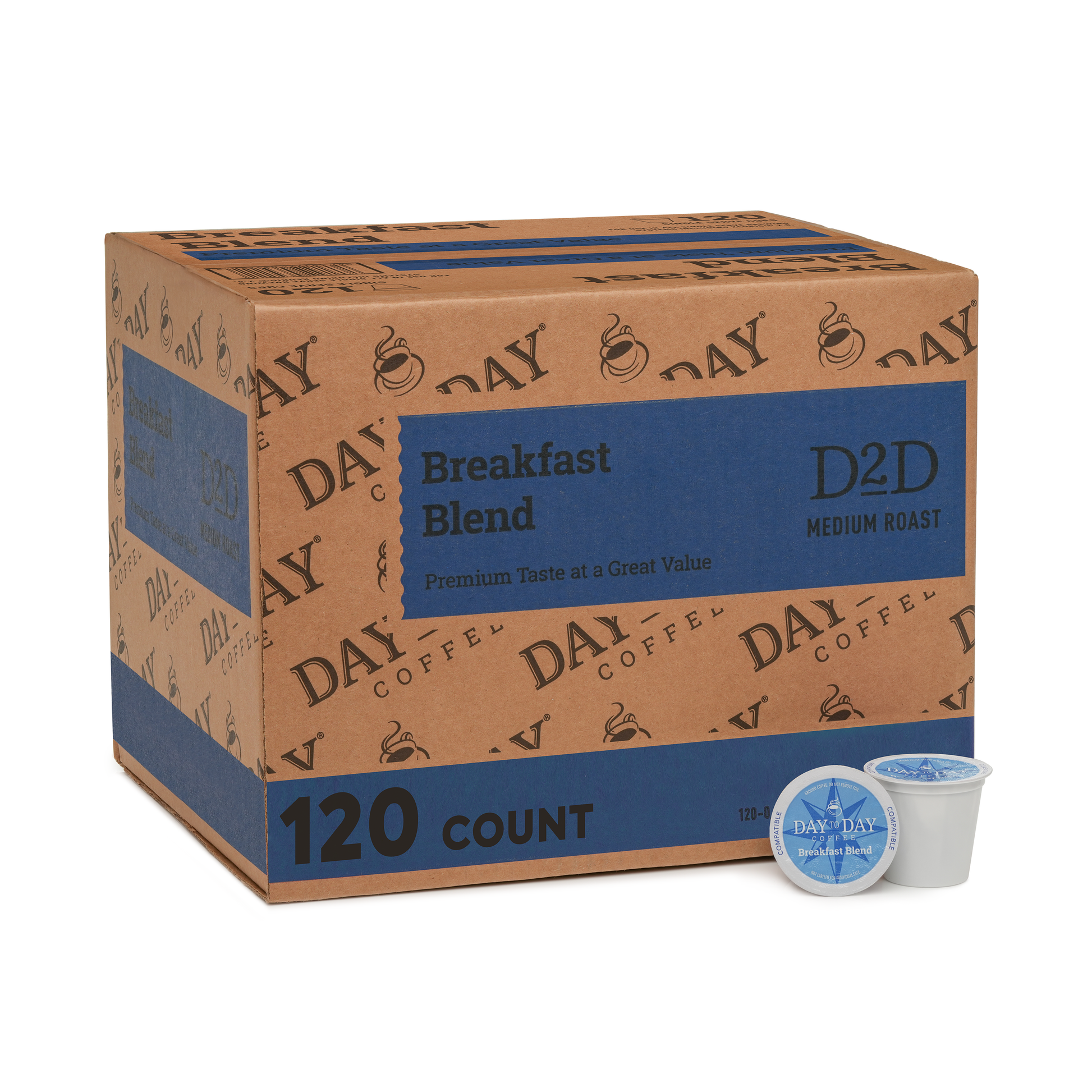 Box of Day Coffee Breakfast Blend K-Cups with two single pods on a white background