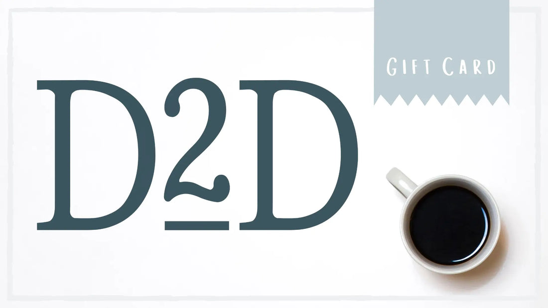 Gift card with 'D2D' branding and a cup of coffee on a white background