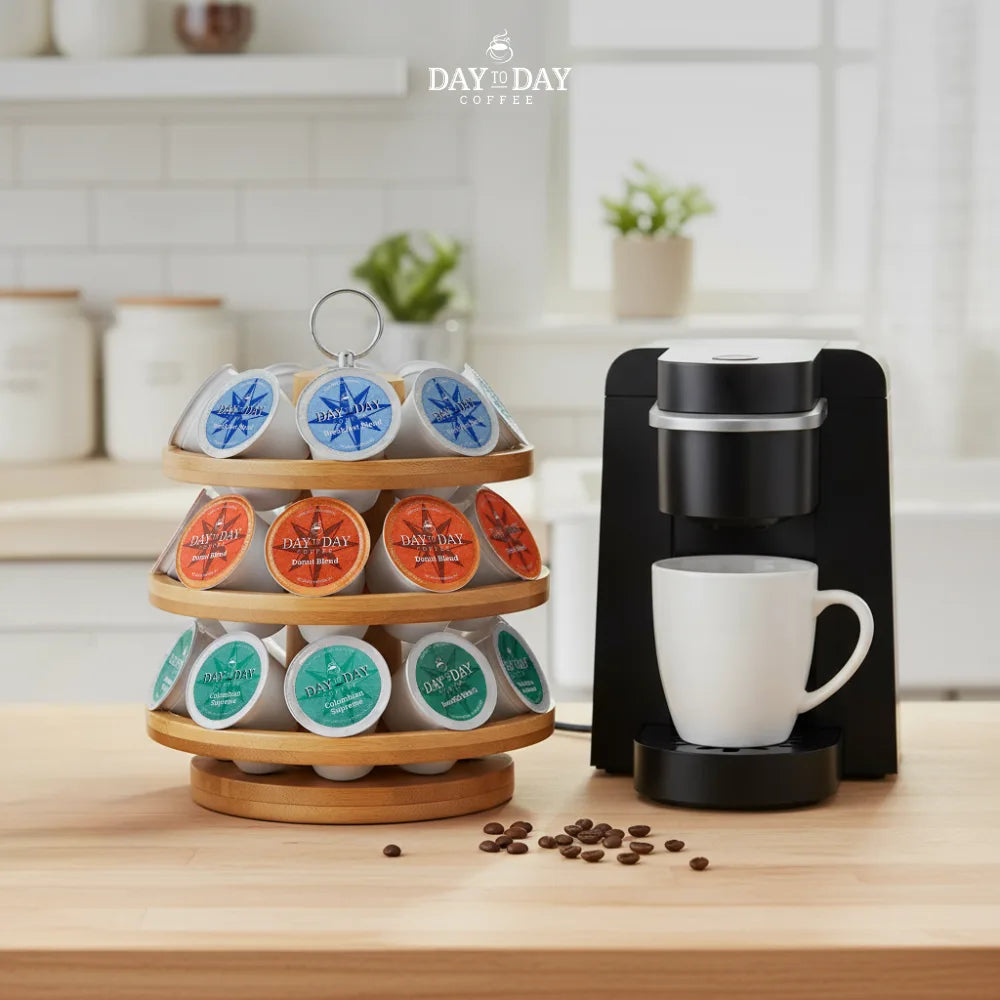 Organized home coffee station featuring Day to Day Coffee K-Cups in assorted flavors — an easy hack for busy parents