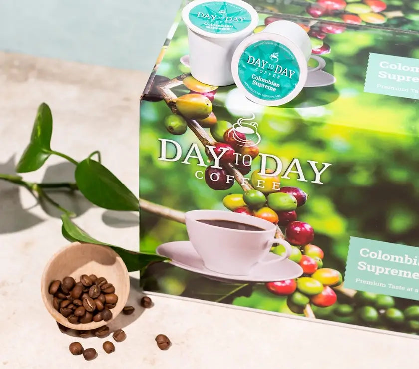 Day to Day Coffee package with coffee beans on a light surface