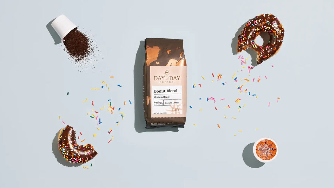 Day & Day Coffee package with donut-themed coffee and sprinkles on a light blue background